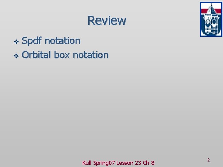 Review Spdf notation v Orbital box notation v Kull Spring 07 Lesson 23 Ch