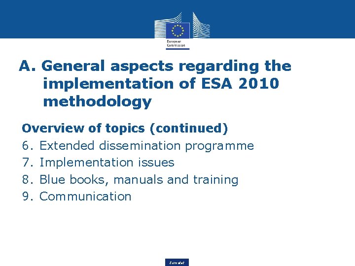 A. General aspects regarding the implementation of ESA 2010 methodology Overview of topics (continued)