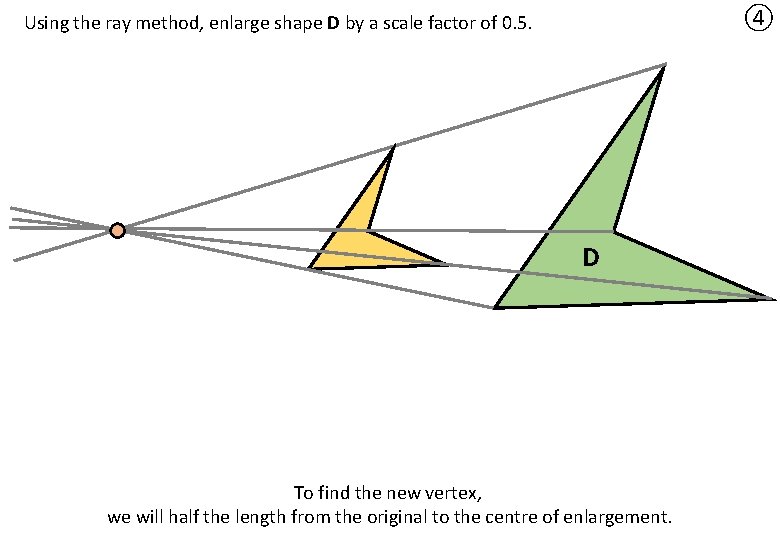 ④ Using the ray method, enlarge shape D by a scale factor of 0. ④ Using the ray method, enlarge shape D by a scale factor of 0.
