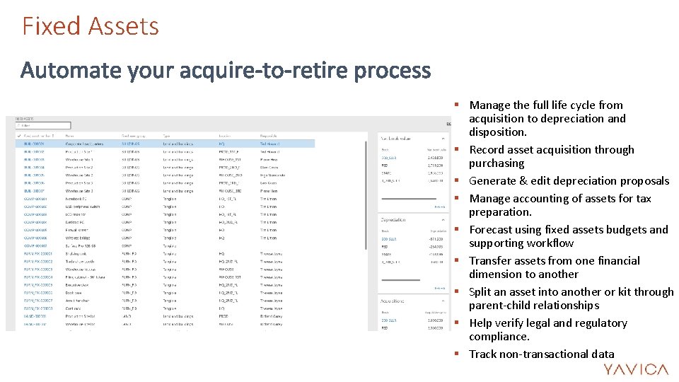Fixed Assets § Manage the full life cycle from acquisition to depreciation and disposition. Fixed Assets § Manage the full life cycle from acquisition to depreciation and disposition.