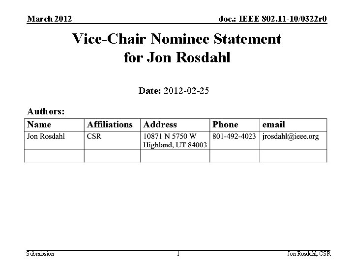 March 2012 doc. : IEEE 802. 11 -10/0322 r 0 Vice-Chair Nominee Statement for