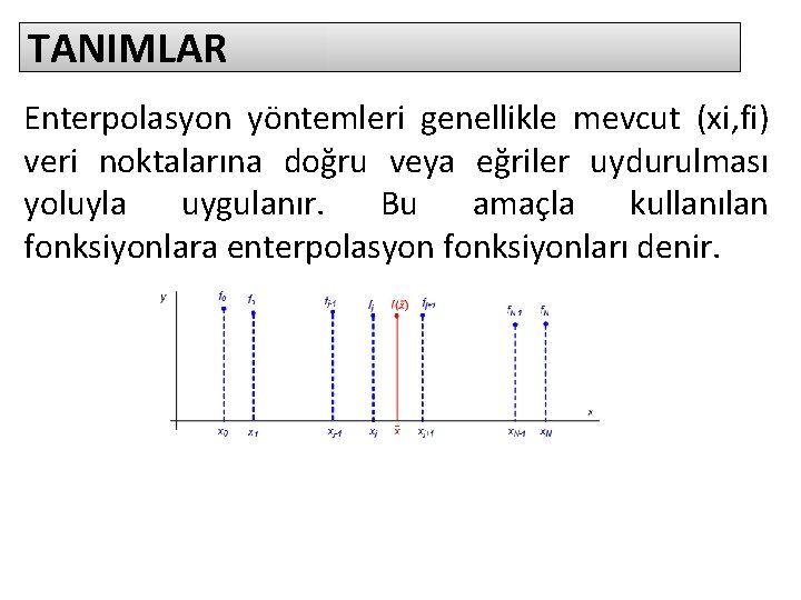 TANIMLAR Enterpolasyon yöntemleri genellikle mevcut (xi, fi) veri noktalarına doğru veya eğriler uydurulması yoluyla