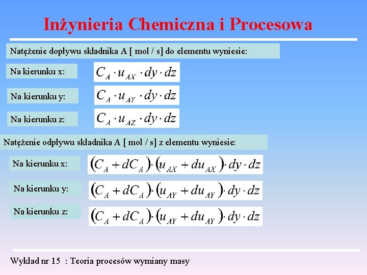 Inżynieria Chemiczna i Procesowa Natężenie dopływu składnika A [ mol / s] do elementu