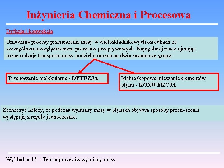 Inżynieria Chemiczna i Procesowa Dyfuzja i konwekcja Omówimy procesy przenoszenia masy w wieloskładnikowych ośrodkach