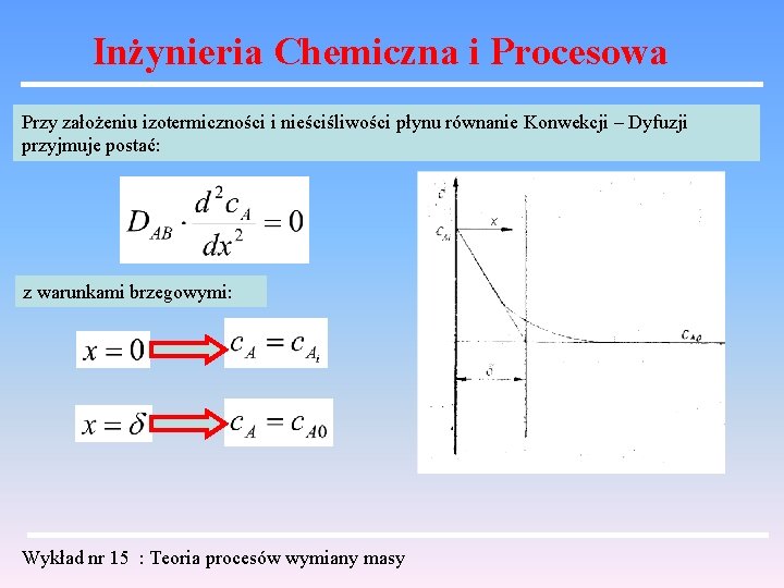 Inżynieria Chemiczna i Procesowa Przy założeniu izotermiczności i nieściśliwości płynu równanie Konwekcji – Dyfuzji