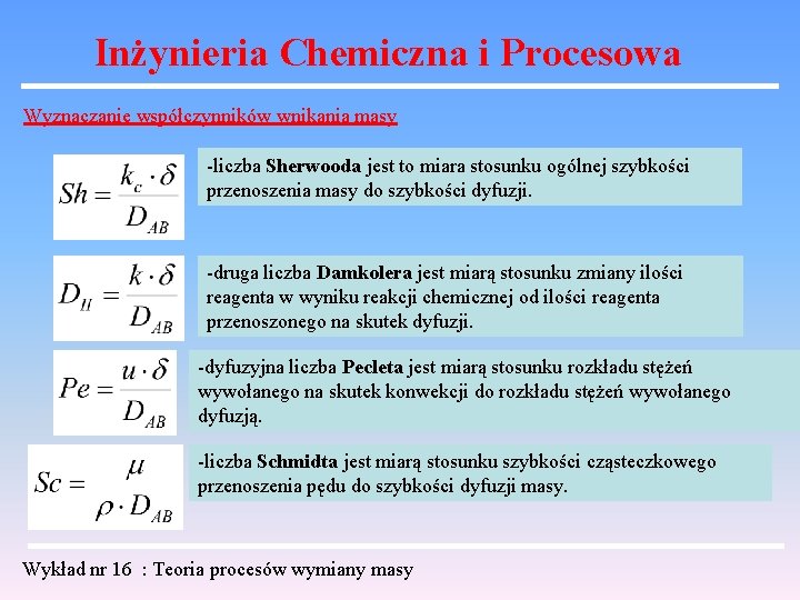 Inżynieria Chemiczna i Procesowa Wyznaczanie współczynników wnikania masy -liczba Sherwooda jest to miara stosunku