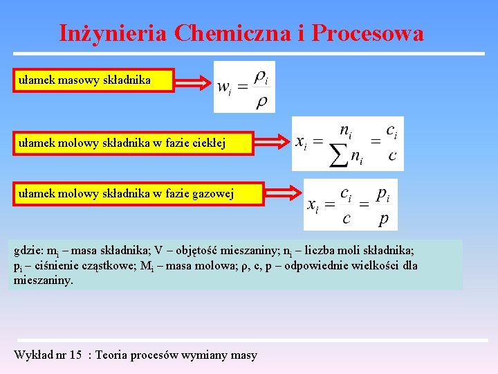 Inżynieria Chemiczna i Procesowa ułamek masowy składnika ułamek molowy składnika w fazie ciekłej ułamek