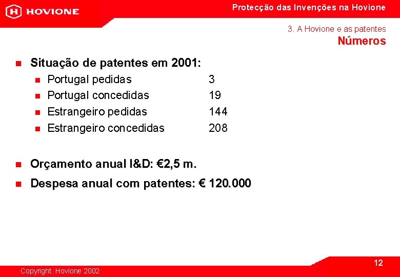 Protecção das Invenções na Hovione 3. A Hovione e as patentes Números n Situação