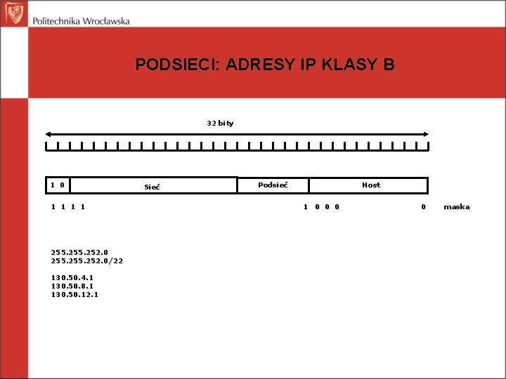 PODSIECI: ADRESY IP KLASY B 32 bity 1 0 Sieć Podsieć Host 1 1