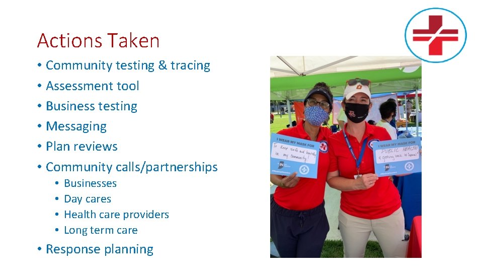 Actions Taken • Community testing & tracing • Assessment tool • Business testing •