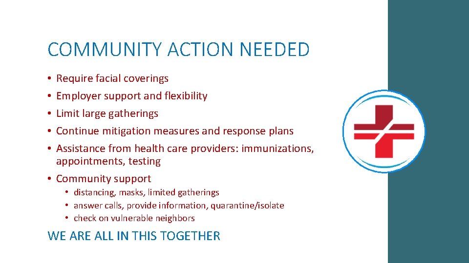 COMMUNITY ACTION NEEDED Require facial coverings Employer support and flexibility Limit large gatherings Continue