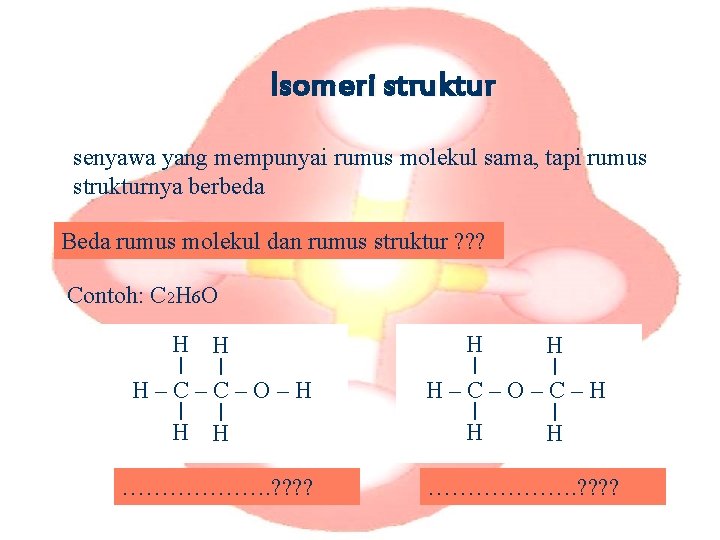 Isomeri struktur senyawa yang mempunyai rumus molekul sama, tapi rumus strukturnya berbeda Beda rumus