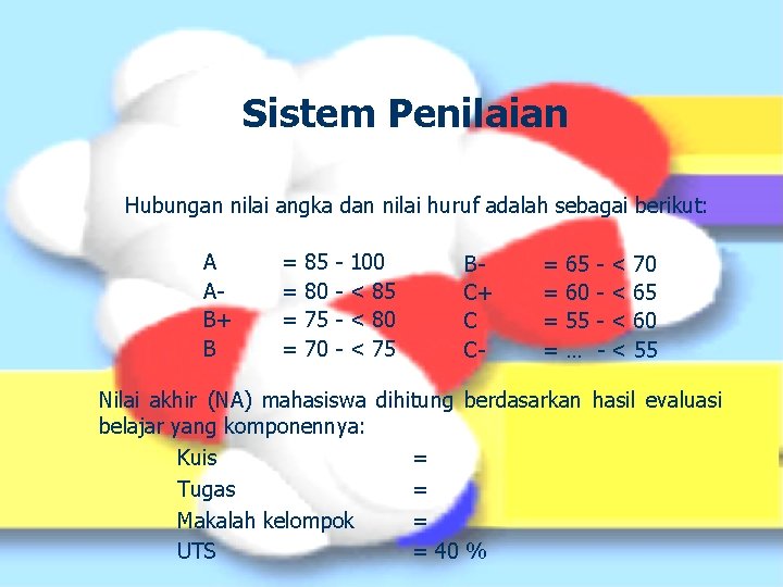 Sistem Penilaian Hubungan nilai angka dan nilai huruf adalah sebagai berikut: A AB+ B