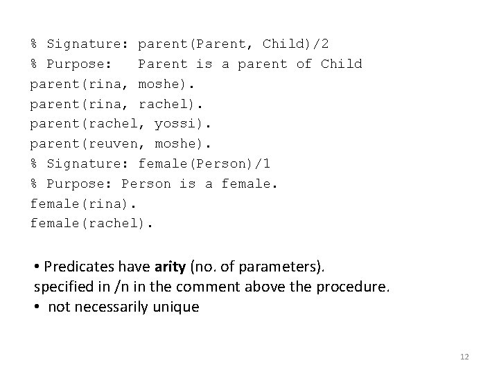 % Signature: parent(Parent, Child)/2 % Purpose: Parent is a parent of Child parent(rina, moshe).