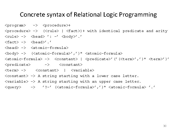 Concrete syntax of Relational Logic Programming <program> -> <procedure>+ <procedure> -> (<rule> | <fact>)+