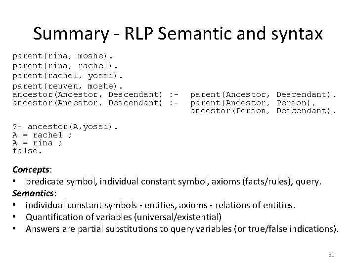 Summary - RLP Semantic and syntax parent(rina, moshe). parent(rina, rachel). parent(rachel, yossi). parent(reuven, moshe).