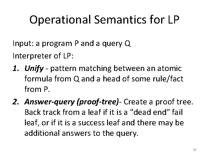 Operational Semantics for LP Input: a program P and a query Q Interpreter of