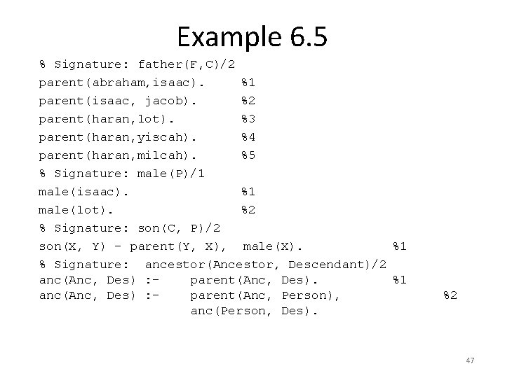 Example 6. 5 % Signature: father(F, C)/2 parent(abraham, isaac). %1 parent(isaac, jacob). %2 parent(haran,