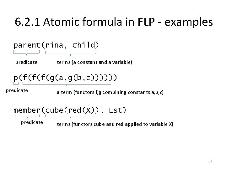 6. 2. 1 Atomic formula in FLP - examples parent(rina, Child) predicate terms (a