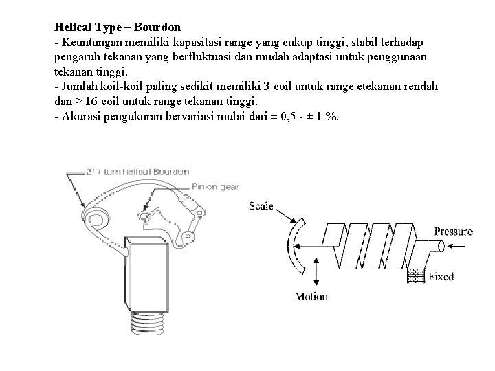 Helical Type – Bourdon - Keuntungan memiliki kapasitasi range yang cukup tinggi, stabil terhadap