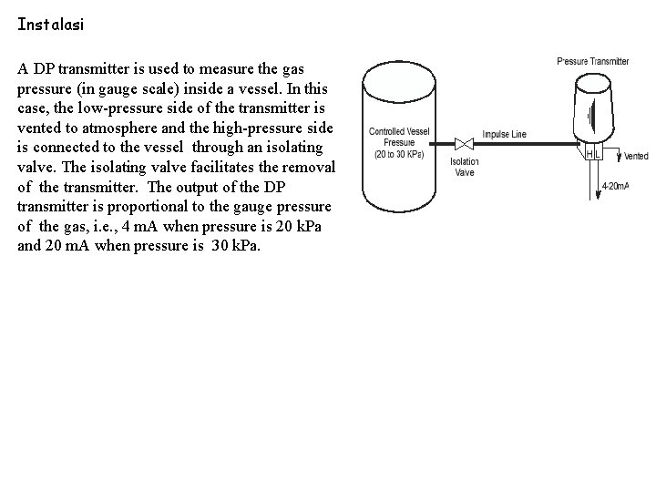 Instalasi A DP transmitter is used to measure the gas pressure (in gauge scale)