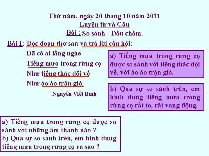 Thứ năm, ngày 20 tháng 10 năm 2011 Luyện từ và Câu Bài :