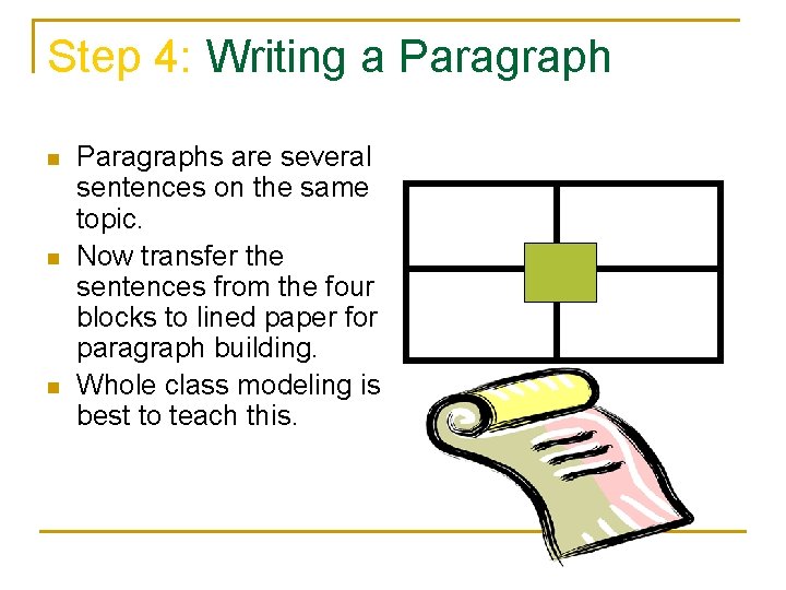 Step 4: Writing a Paragraph n n n Paragraphs are several sentences on the