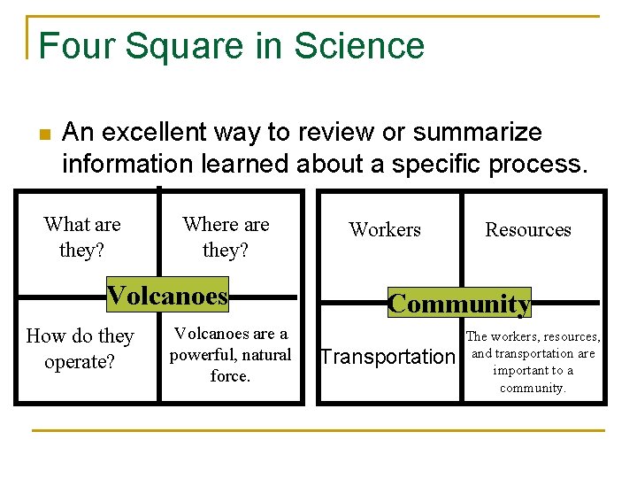 Four Square in Science n An excellent way to review or summarize information learned