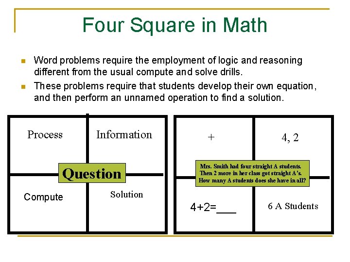 Four Square in Math n n Word problems require the employment of logic and