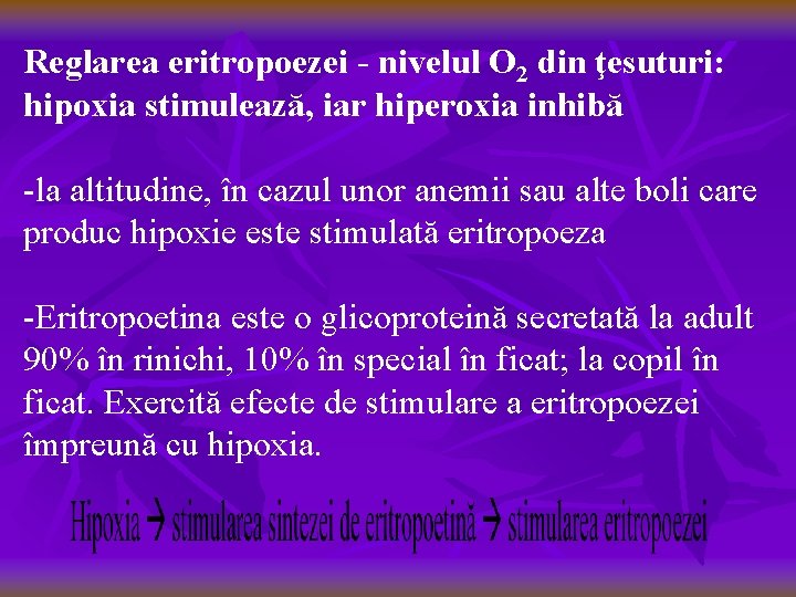 Reglarea eritropoezei - nivelul O 2 din ţesuturi: hipoxia stimulează, iar hiperoxia inhibă -la