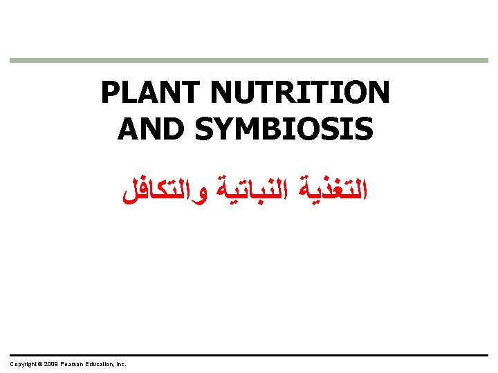 PLANT NUTRITION AND SYMBIOSIS ﺍﻟﺘﻐﺬﻳﺔ ﺍﻟﻨﺒﺎﺗﻴﺔ ﻭﺍﻟﺘﻜﺎﻓﻞ Copyright © 2009 Pearson Education, Inc. 