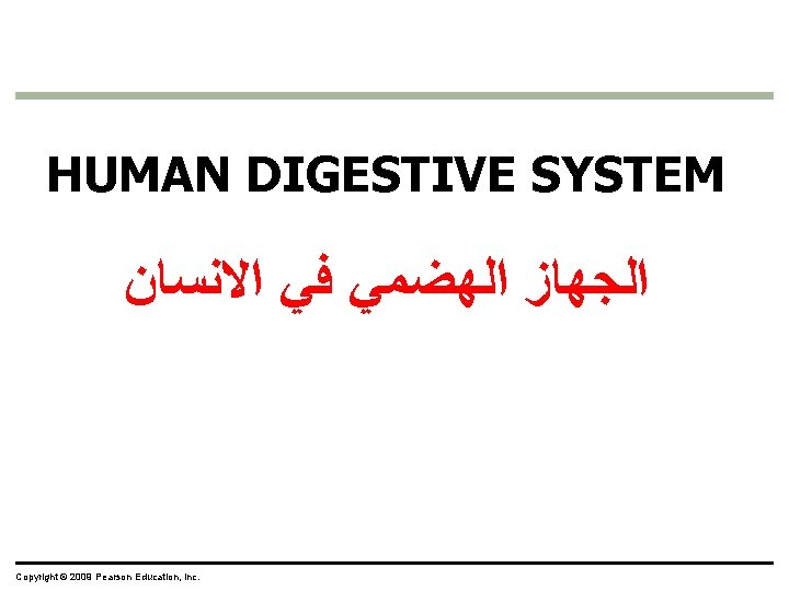 HUMAN DIGESTIVE SYSTEM ﺍﻟﺠﻬﺎﺯ ﺍﻟﻬﻀﻤﻲ ﻓﻲ ﺍﻻﻧﺴﺎﻥ Copyright © 2009 Pearson Education, Inc. 