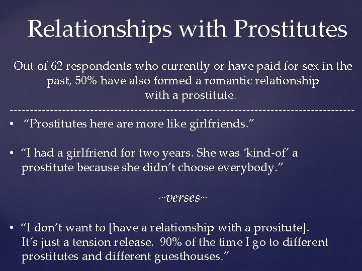 Relationships with Prostitutes Out of 62 respondents who currently or have paid for sex