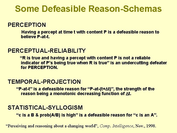 Some Defeasible Reason-Schemas PERCEPTION Having a percept at time t with content P is Some Defeasible Reason-Schemas PERCEPTION Having a percept at time t with content P is