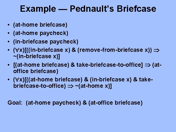 Example — Pednault’s Briefcase • • (at-home briefcase) (at-home paycheck) (in-briefcase paycheck) ( x)[((in-briefcase