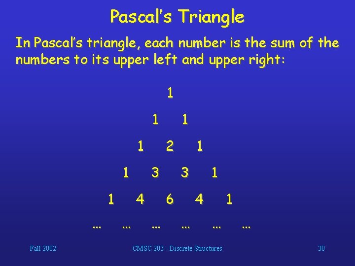 Pascal’s Triangle In Pascal’s triangle, each number is the sum of the numbers to