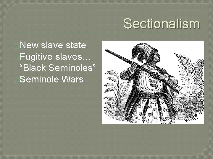 Sectionalism �New slave state �Fugitive slaves… “Black Seminoles” �Seminole Wars 