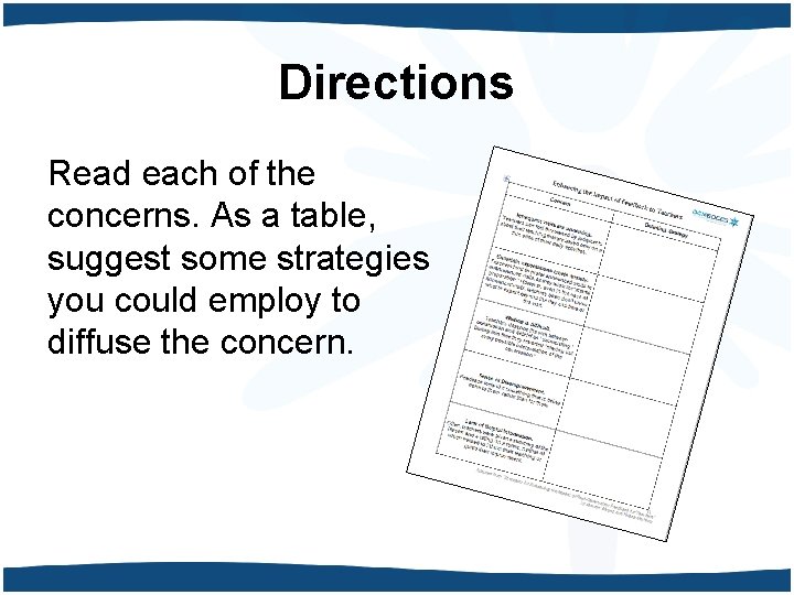 Directions Read each of the concerns. As a table, suggest some strategies you could