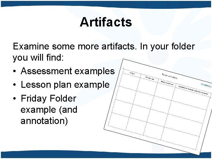 Artifacts Examine some more artifacts. In your folder you will find: • Assessment examples