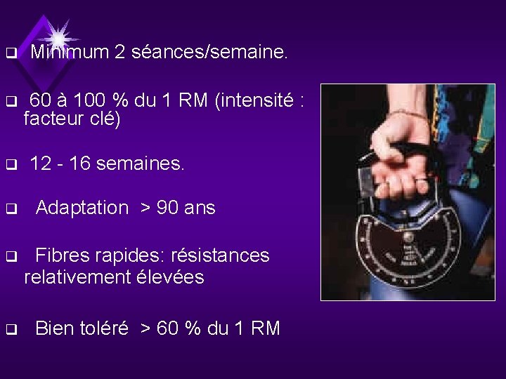 q q q Minimum 2 séances/semaine. 60 à 100 % du 1 RM (intensité