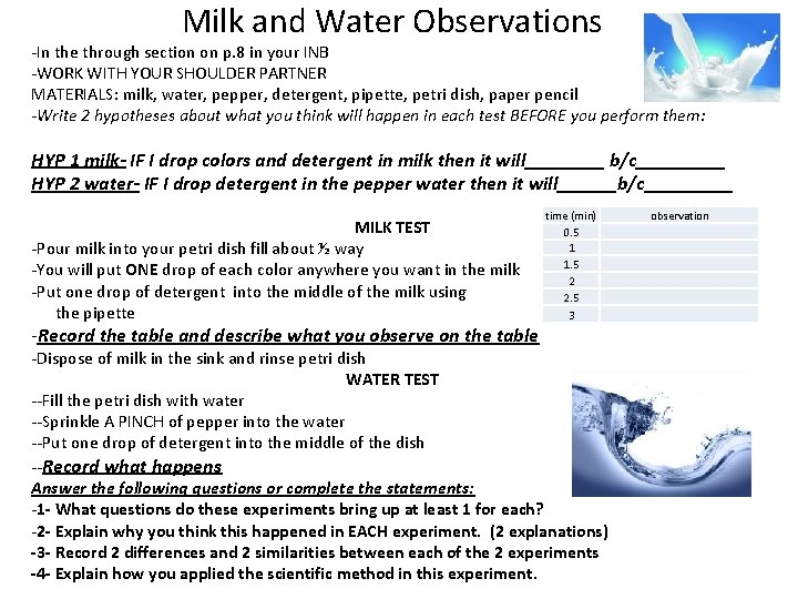 Milk and Water Observations -In the through section on p. 8 in your INB