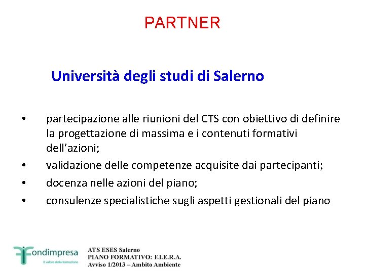 PARTNER Università degli studi di Salerno • • partecipazione alle riunioni del CTS con