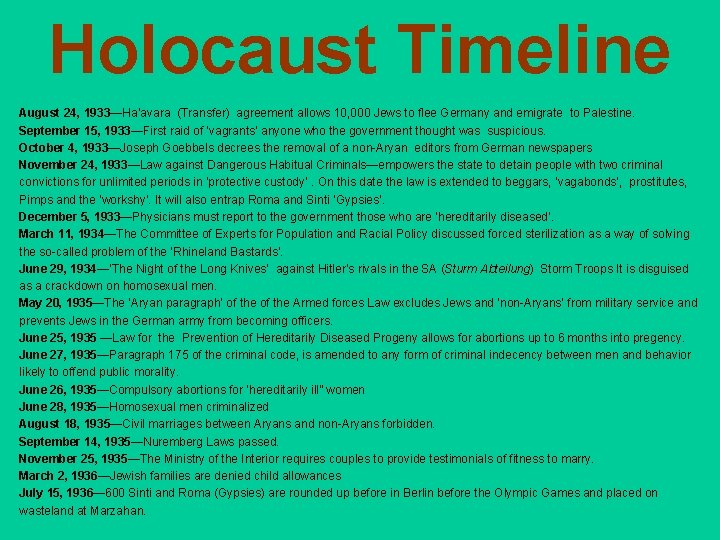 Holocaust Timeline August 24, 1933—Ha’avara (Transfer) agreement allows 10, 000 Jews to flee Germany