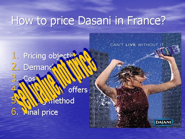 How to price Dasani in France? 1. Pricing objective 2. Demand 3. 4. 5.