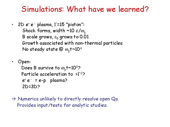 Simulations: What have we learned? • 2 D e+ e - plasma, G=15 “piston”:
