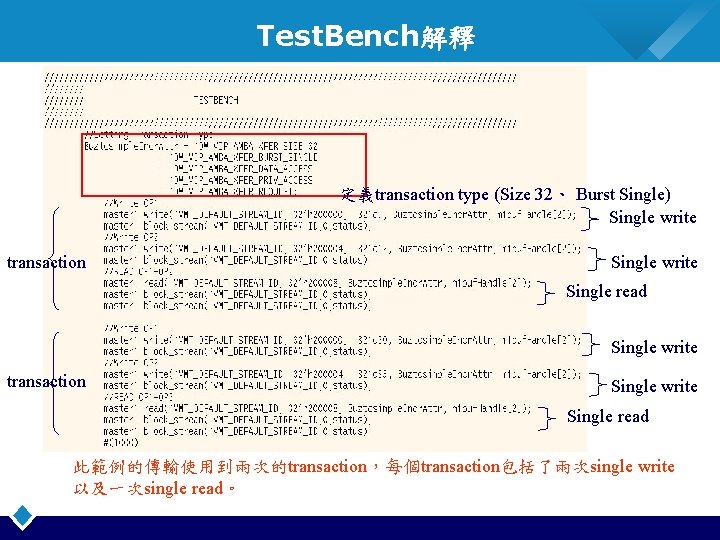 Test. Bench解釋 定義transaction type (Size 32、 Burst Single) Single write transaction Single write Single