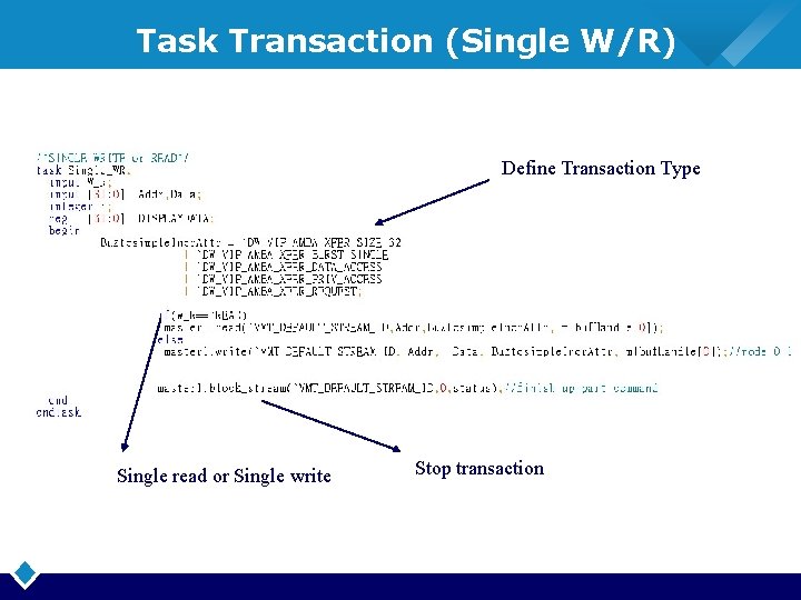 Task Transaction (Single W/R) Define Transaction Type Single read or Single write Stop transaction