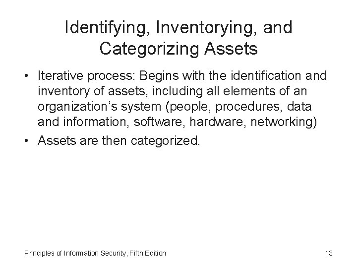 Identifying, Inventorying, and Categorizing Assets • Iterative process: Begins with the identification and inventory