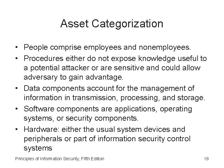 Asset Categorization • People comprise employees and nonemployees. • Procedures either do not expose