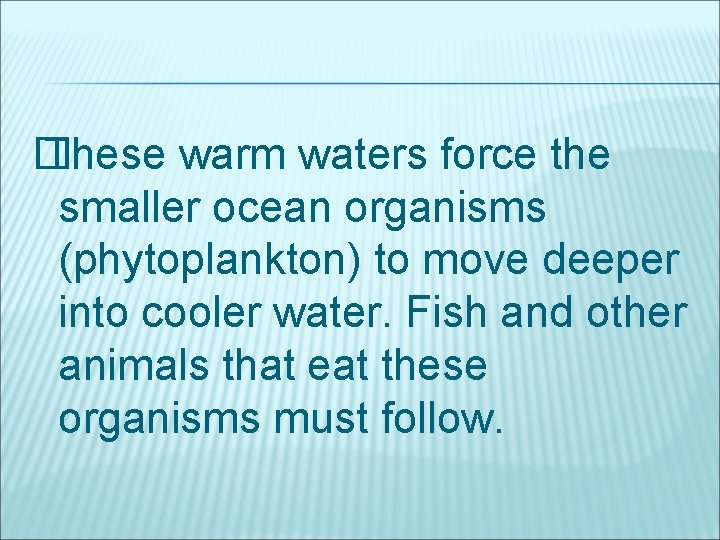 � These warm waters force the smaller ocean organisms (phytoplankton) to move deeper into